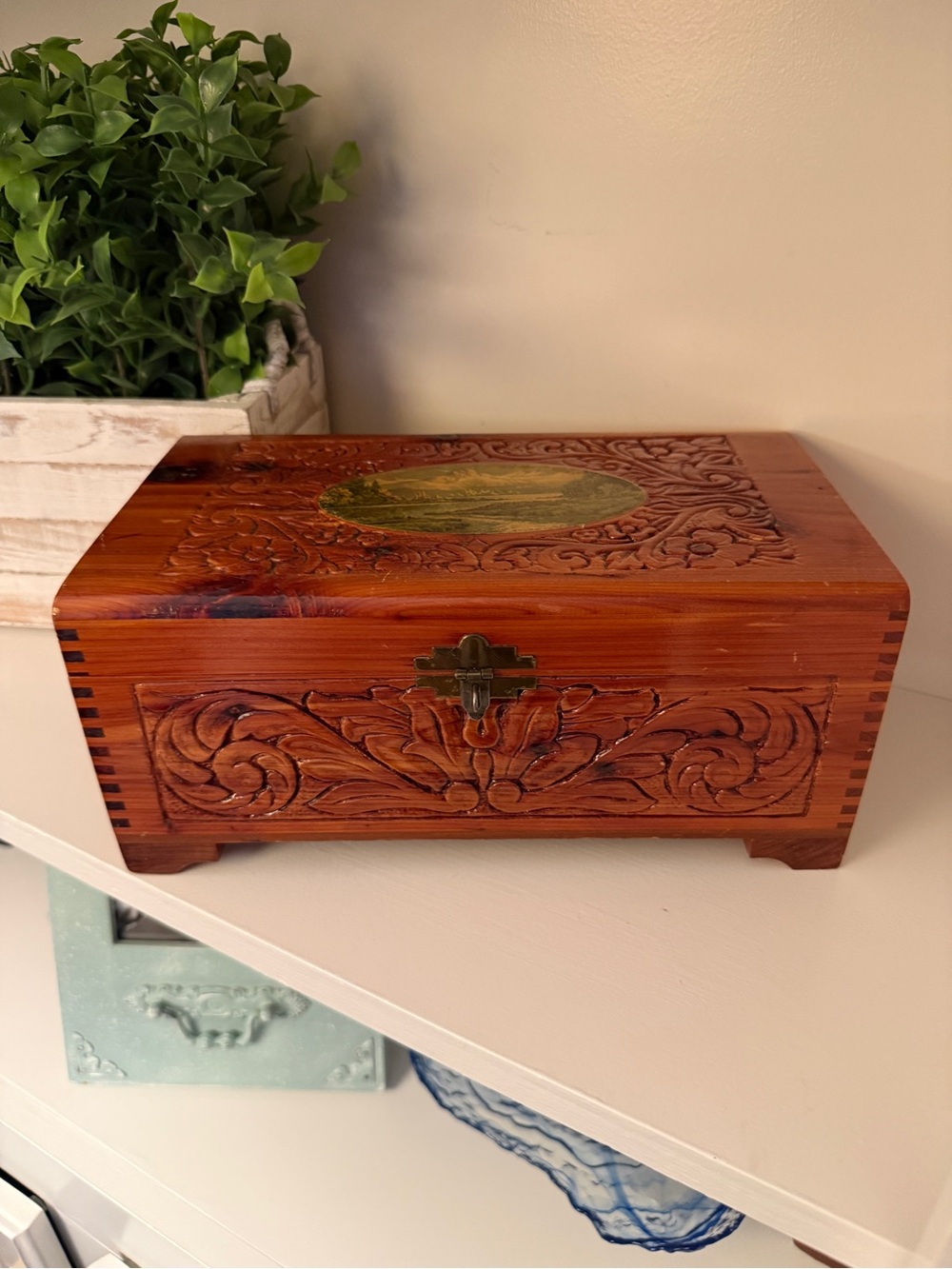 Vintage Carved Cedar Wood Jewelry Trinket Box Mirror Lid Floral Scenic